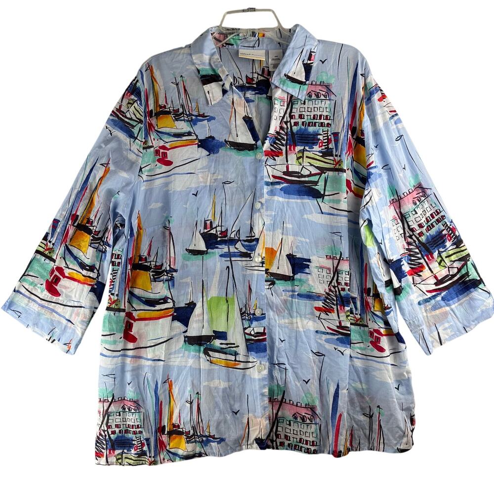 Vintage Alfred Dunner Button Up Short Sleeve 100% Cotton Blouse Women's 24W Boat